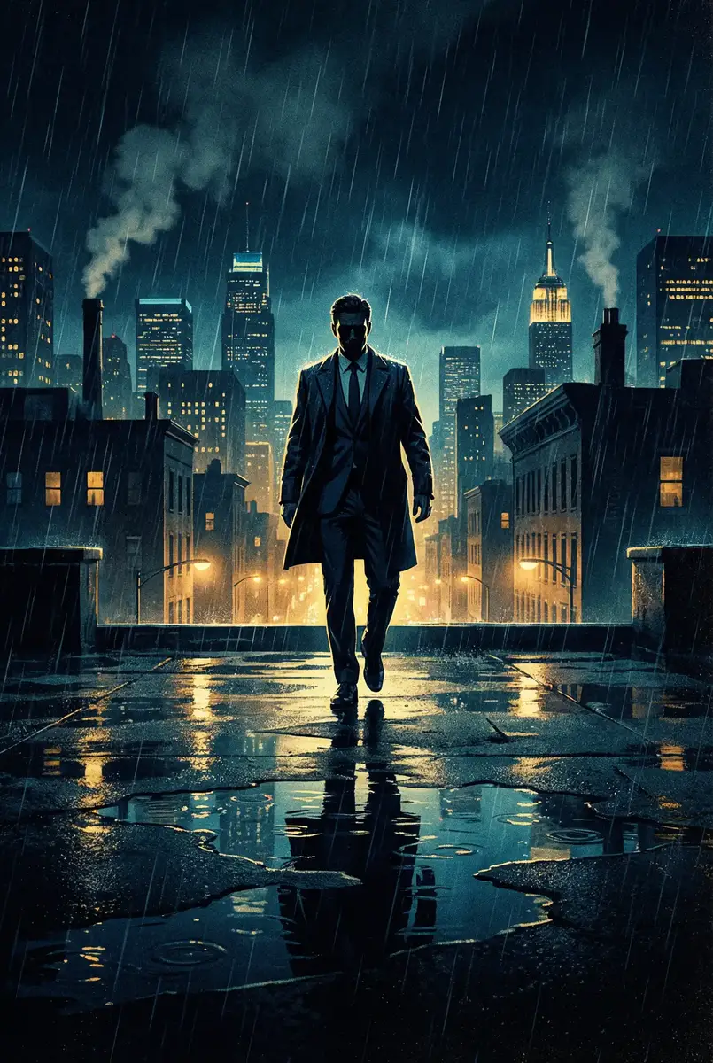 苍井空qvod在线 出品影片《雨夜独行者》海报，雨中城市屋顶男性剪影